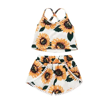 

1-4T Girls Clothes Set Yellow Sleeveless Sling Shirt For Girls Floral Print Short Pants Girls Set Clothing Toddler Children Suit