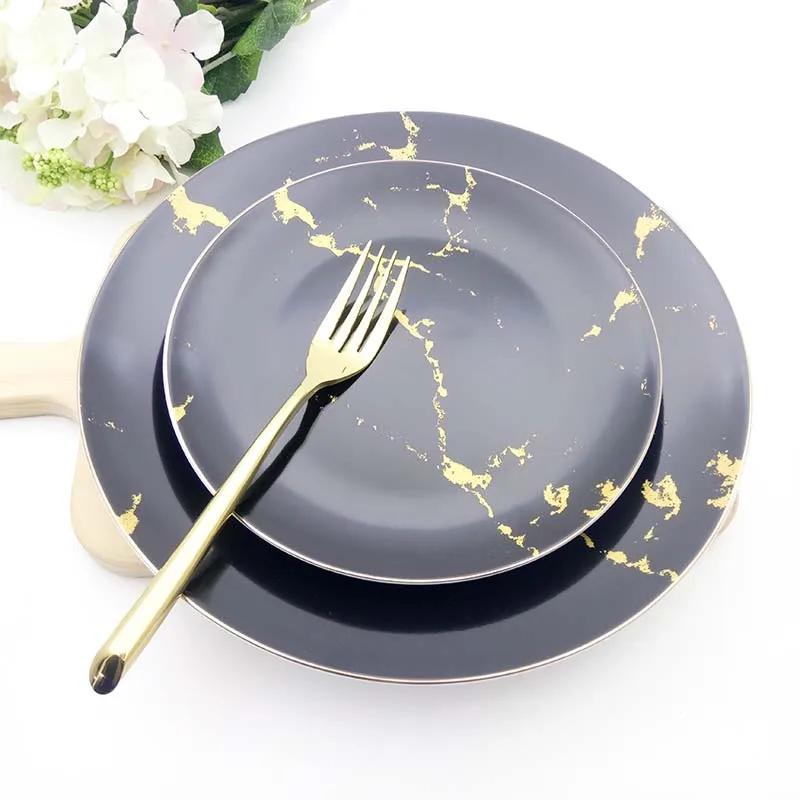 Ceramic Plate Gold Dish Marble Tray Dinner Plate Set Round Steak Tray Luxury Tableware Round Dish Food Christmas 1set