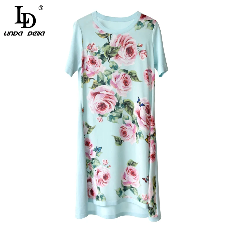 

LD LINDA DELLA New Spring Autumn Fashion A-Line Dress Women's Silk Short Sleeve Floral Printed Elegant Vintage Knitted Dresses