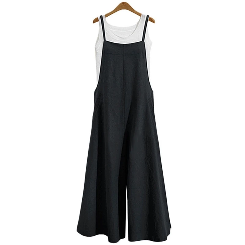Women Casual Jumpsuit Long Suspender Loose Solid Bib Wide