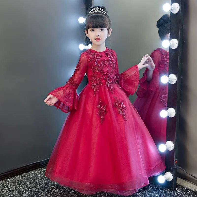 

Glizt Girls Red Wedding Dresses Frare Sleeve Bead Appliques Lace Party Princess Birthday Dress First Communion Gown For Kids