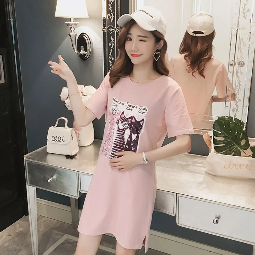 

New maternity dress kitten print T-shirt Pregnant women cotton dress skirt Korean fashion summer pregnancy dress