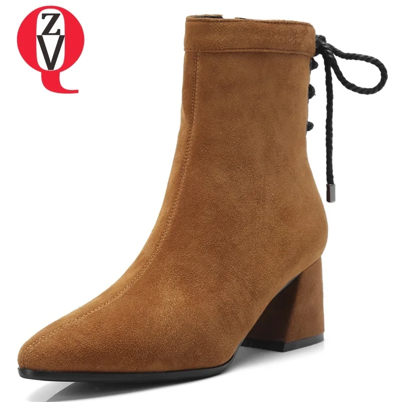 

ZVQ 2018 new fashion popular pointed toe high square heel zip cross-tied ankle boots winter warm big size kid suede women shoes