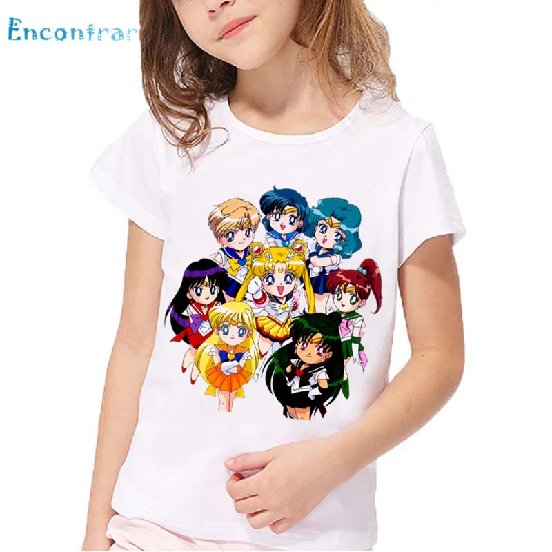 Детская одежда с рисунком из аниме «Сейлор Мун» забавная футболка для маленьких девочек летние Harajuku короткий рукав, топы, Детская Повседневная футболка, ooo5195 - Цвет: white-H