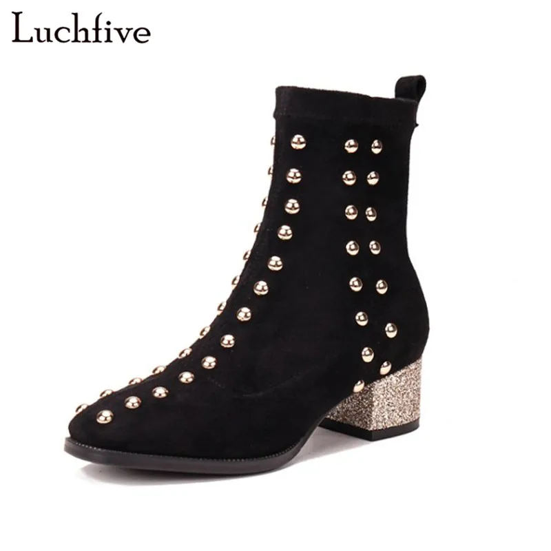 

Newest runway slip on short boots brown black bling bling middle Heels Shoes rivets studded Botines Mujer Ankle Boots for women