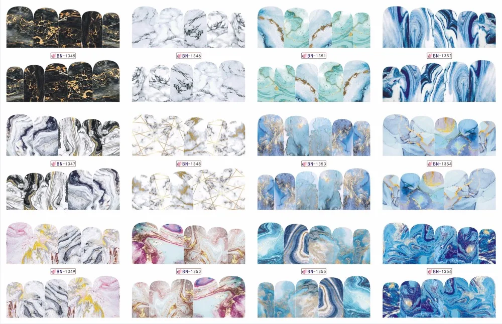 12 видов конструкций мраморная текстура наклейка на ногти водная переводная картинка серый синий мрамор серия Типсы для маникюра Полный Обертывания ногтей Декор BN1345-1356