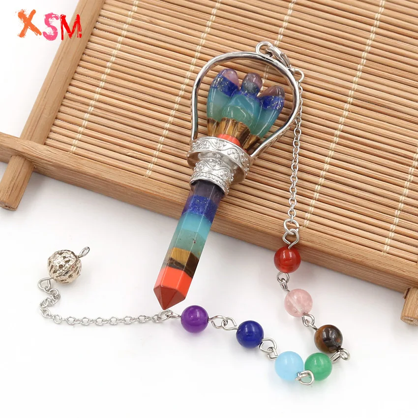 Billig Xinshangmie Chakra Hexagon Prism Engel Scepter Anhänger Reiki Charme Heilung Layered Pendel Anhänger Mit Chakra Perlen Kette 1 stücke