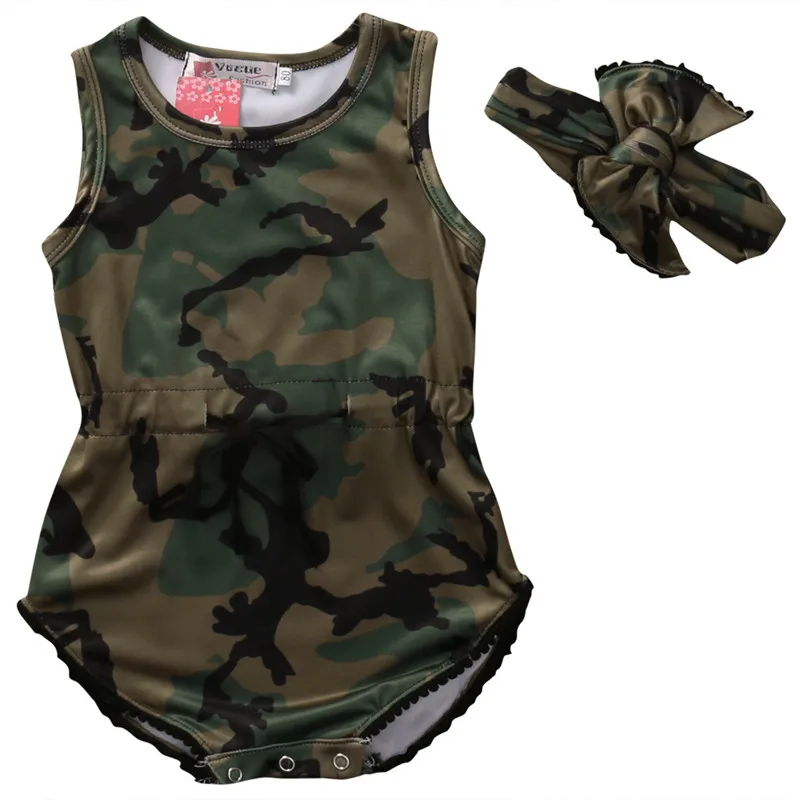 

New Fashion Baby Boy Girls Romper Casual Summer Basic Clothes Jumpsuit Headband 2PCS Camouflage Printed Clothes 0-24M