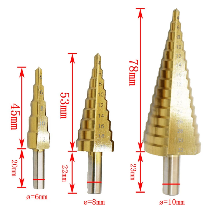 4-12/4-20/4-32 мм Большой ступенчатый Металл сверло из быстрорежущей стали конус с титановым покрытием набор инструментов для резки отверстий Метрическая флейта Пагода форма