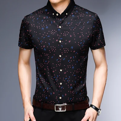 Черный MIACAWOR, новая летняя мужская рубашка с коротким рукавом, модный принт, Camisa Masculina, облегающие повседневные рубашки, Camiseta Hombre C477 - Цвет: Черный