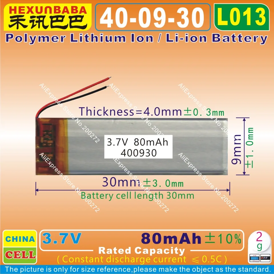 

10pcs [L013] 3.7V 80mAh [400930] Polymer lithium ion / Li-ion battery for car kit,smart watch,MP3,Bluetooth earphone,smartband