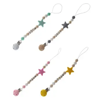 

Pacifier Chain Baby Nursing Star Pendant Necklace Teether Teething Soother Rope Clip Nipple Holder Newborn Toddler Wood Silicone