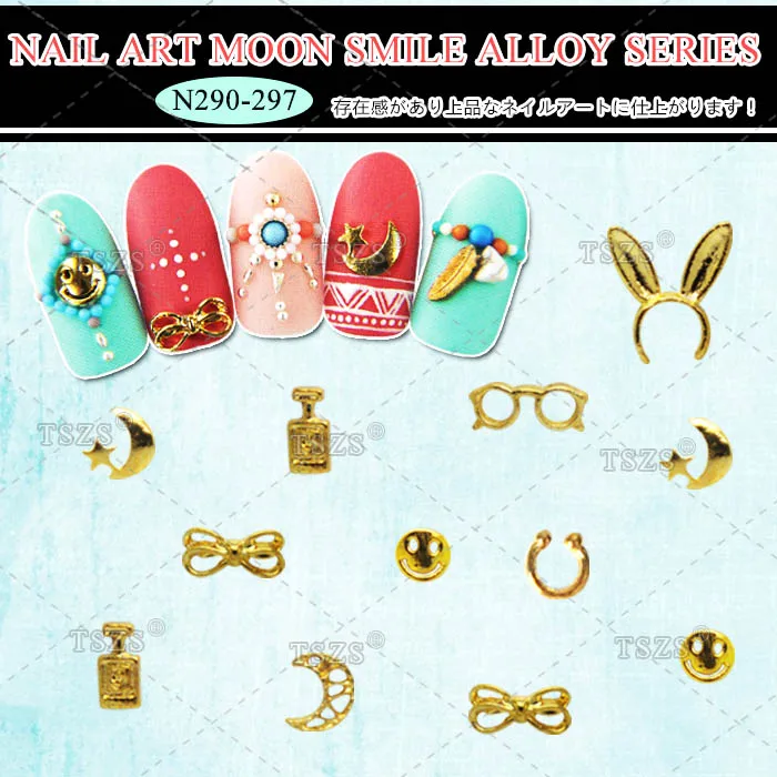

10pcs/lot Nail Art Charm Gold Cute Rabbit Ear Moon Bowknot 3D Alloy Decoration DIY