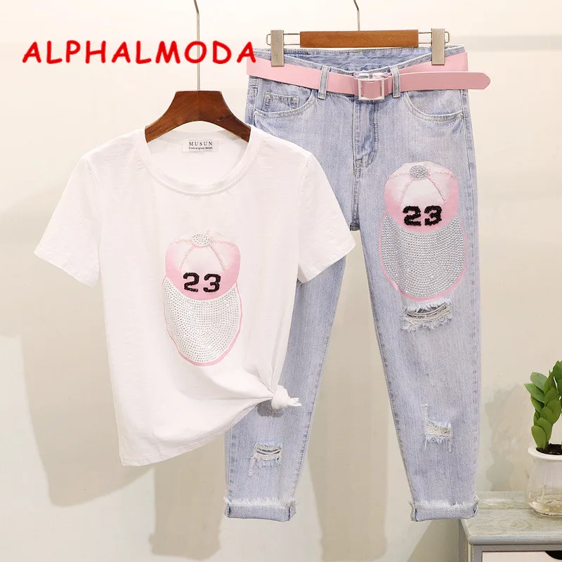 Женская футболка ALPHALMODA с коротким рукавом рваные джинсы карандаш модный костюм
