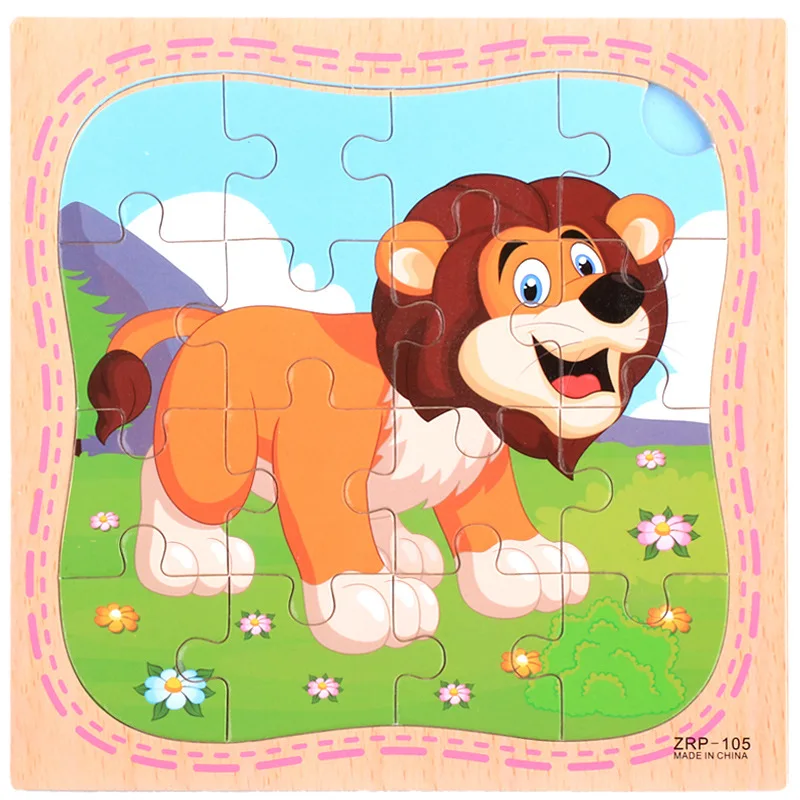 16 Piece Wooden Puzzle Kids Educational Toy Jigsaw Cognition Poultry Animal/ Vehicle/ Aircraft Baby Learning Toys for Children 12