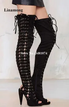 

Women Spring Autumn Lace - up Over The Knee Boots Pointed Cross-tied And Spike Heels Long Boots Solid High Heels Boots