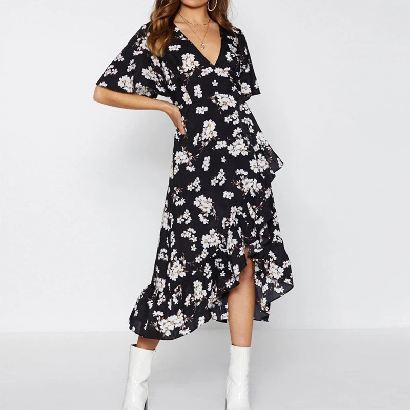 

Women Boho Floral Print Chiffon Dress 2019 Summer Beach Dress Casual V Neck Short Sleeve Bandage Party Dresses Sundress Vestidos