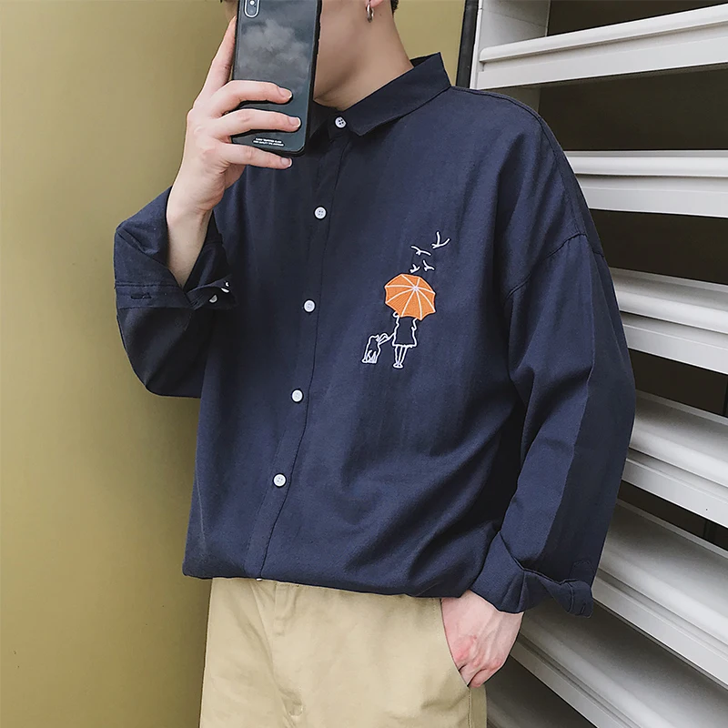 

Autumn Fashion Casual New Men's Long-sleeved Shirt M-5XL Large Size Embroidery Loose Square Collar Personality Youth Wild Shirt