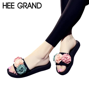 

HEE GRAND Flower Decoration 2019 Women New Slippers Flats with Platform Women Fashion Causal Slide for Beach&Sun XWT1144