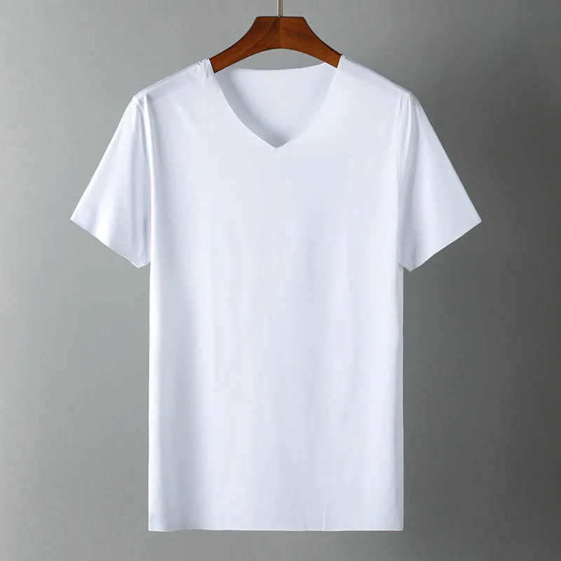 Men basic T shirt Ice Silk V neck Solid shirt Short Sleeve top Mens