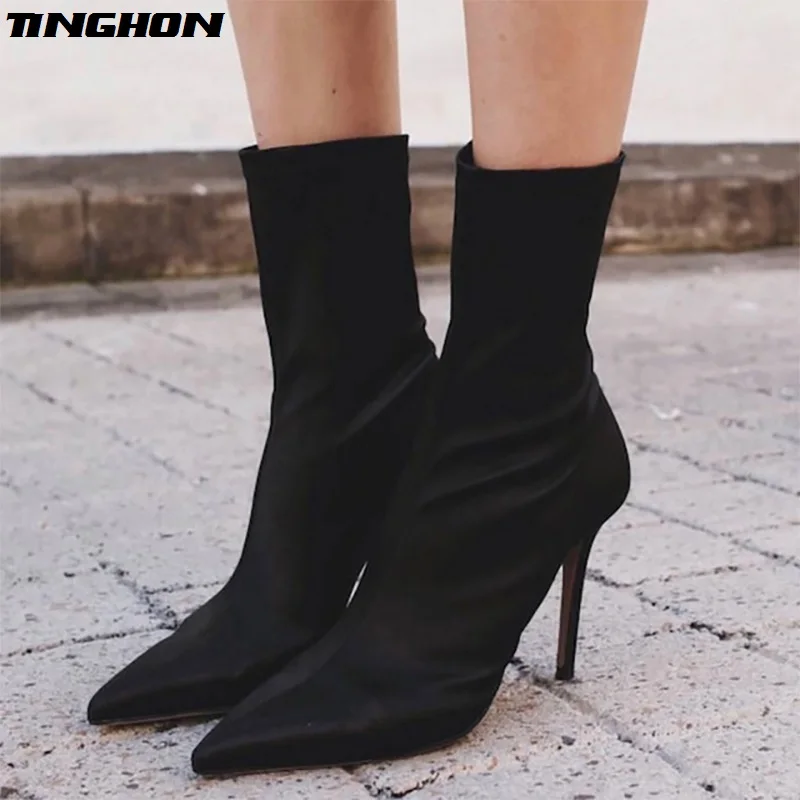 

TINGHON Sexy Pointed Toe Stretch Fabric Sock Boots Solid High Heel Women Boots Sexy Thin Heel Ankle Boots For Women