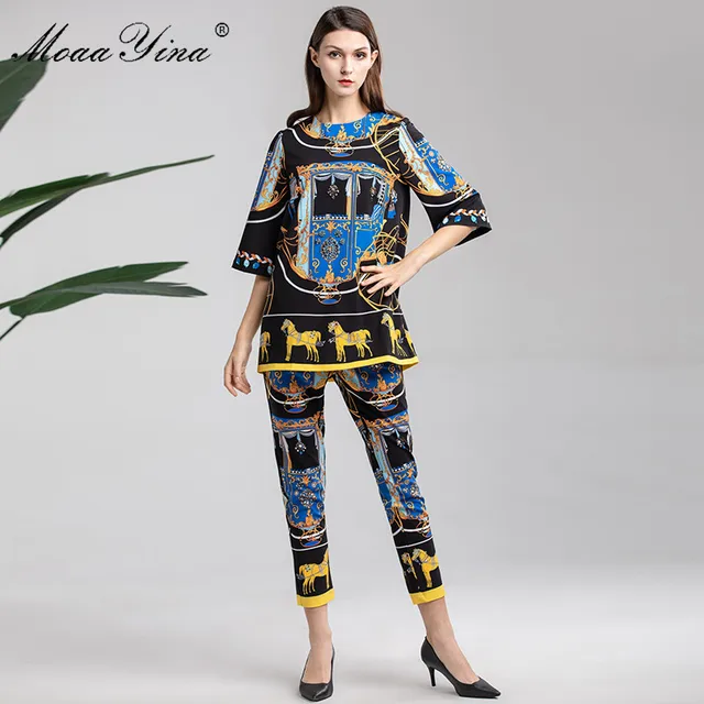 Best Price MoaaYina Fashion Designer Set Summer Women Half sleeve Vintage Abstract Print Diamond Loose Tops+3/4 Pencil pants Two-piece suit Best Price MoaaYina Fashion Designer Set Summer Women Half sleeve Vintage Abstract Print Diamond Loose Tops+3/4 Pencil pants Two-piece suit
