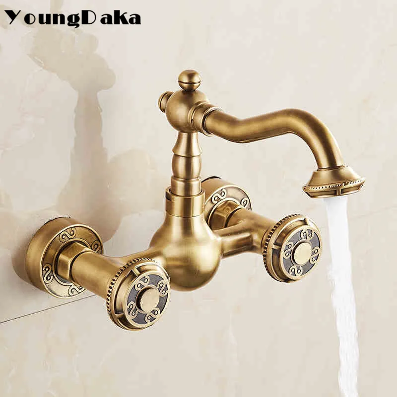 

New Arrivel Double Handle Bathroom Faucet Basin Carved tap Antique Brass Hot and Cold Kitchen Water tap 360 degree rotating