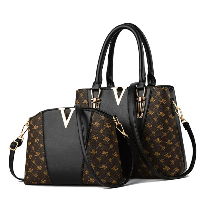 2 шт., набор женских сумок, кожаная сумка, женские сумки, дизайнерская женская сумка через плечо, для женщин,, роскошная v-образная сумка - Цвет: black