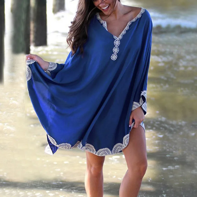 

Summer Women V Neck Beach Style Dress 2019 Casual Cover Up Embroidery Dress Batwing Sleeve Loose Holiday Dress vestidos S4