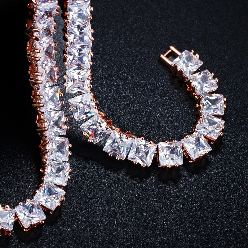 CWWZircons Classic Princess Cut Cubic Zirconia Stones Rose Gold Bridal Choker Necklace Jewelry Set for Women Wedding Party T202|Ювелирные