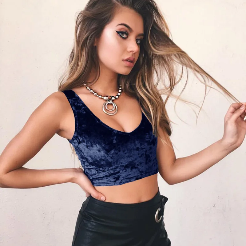 

Velvet Sexy V Neck Tank Top Fitness Women Sleeveless Crop Top Summer Navy Blue Backless Camisole Short Tops