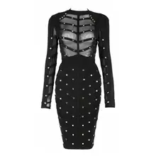 2017 Summer Bandage Dress Women Cerebrity Party Long Sleeve Olive Green Mesh Patchwork Beading Celebrity Sexy Dress Wholesale