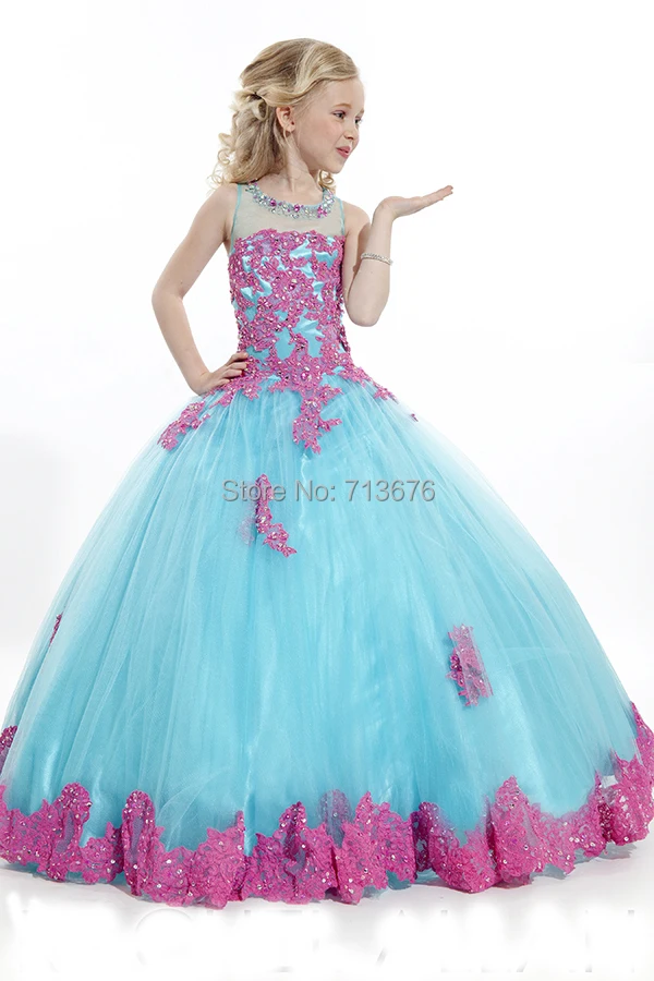 2014 New Lace Appliquez Girls Kids Pageant Dress Flower Girl Dress
