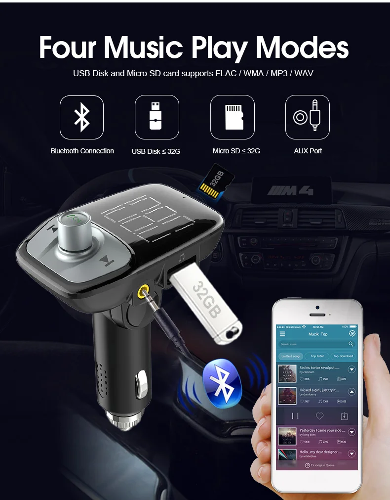 Автомобильный комплект громкой связи с Bluetooth, fm-передатчик, Bluetooth, Автомобильный MP3-плеер, прикуриватель, двойной USB, автомобильное зарядное устройство