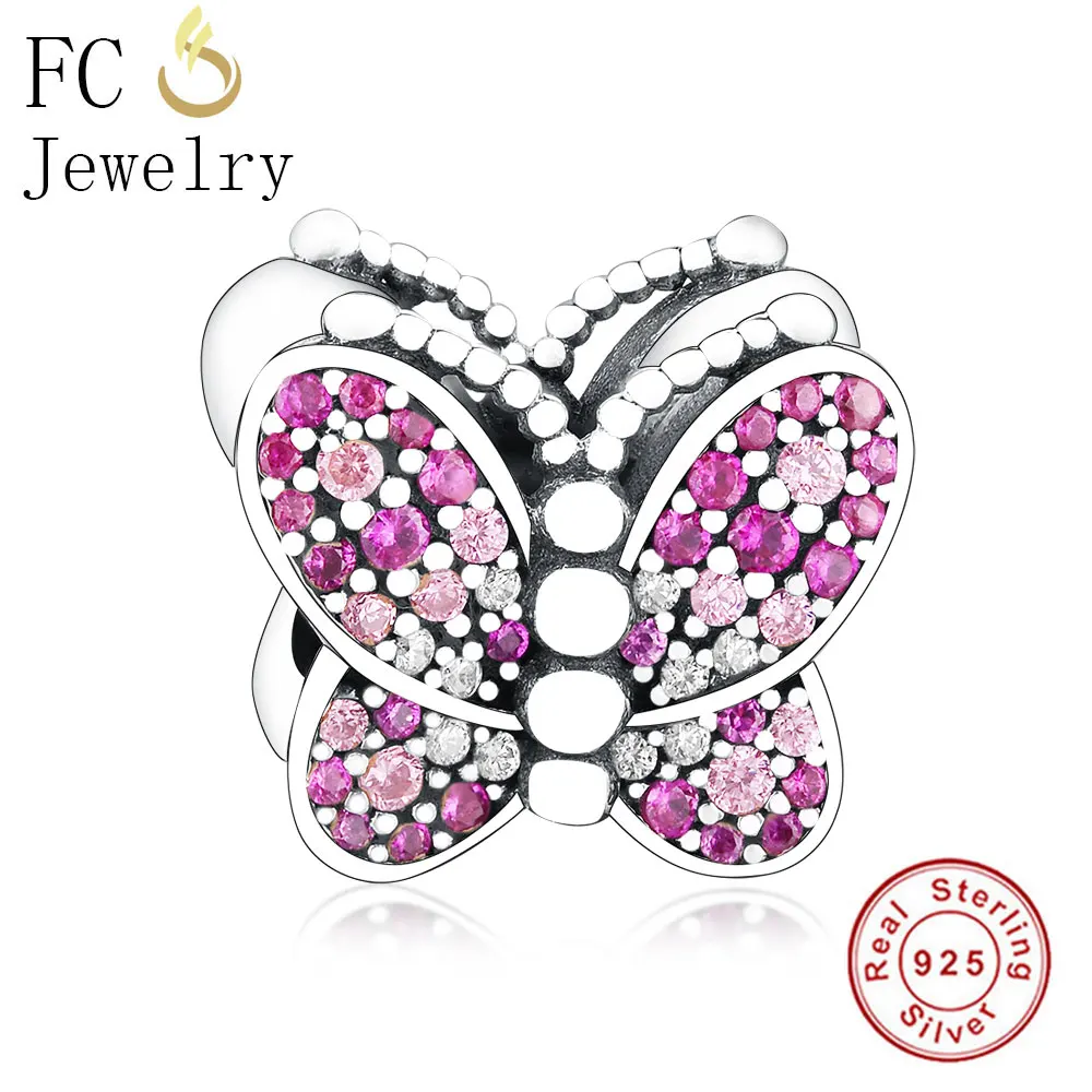 

2019 Summer Fit Original Pandora Charms Bracelet 925 Sterling Silver Dazzling Pink Butterfly Dangle For DIY Jewelry Making Gifts