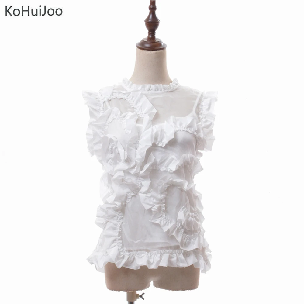

KoHuiJoo European Fashion Runway Blouses Women Elegant Tops O Neck 2 Pieces Ruffled Shirts Ladies Ol Sleeveless Pleated Blouse