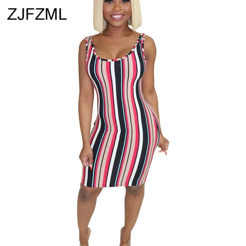 

Vertical Striped Summer Wrap Dress 2019 Women Spaghetti Strap Sleeveless Bandage Dress Casual O Neck Backless Knee-Length Dress