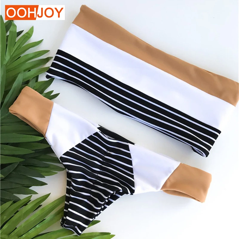 2018 New Strapless Bandeau Bikini Women Swimsuit Stripe Patchwor Bathing Suit S XL Low Waist Backless