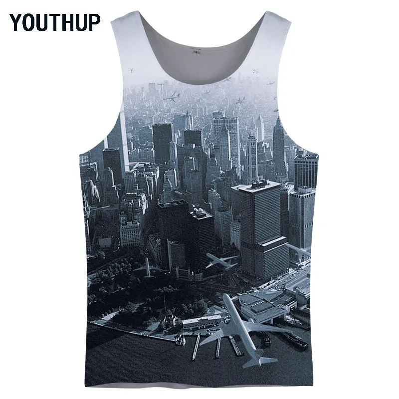 YOUTHUP, мужские майки, повседневные летние футболки, современный город, 3D принт, без рукавов, для фитнеса, бодибилдинг, майки, мужская одежда