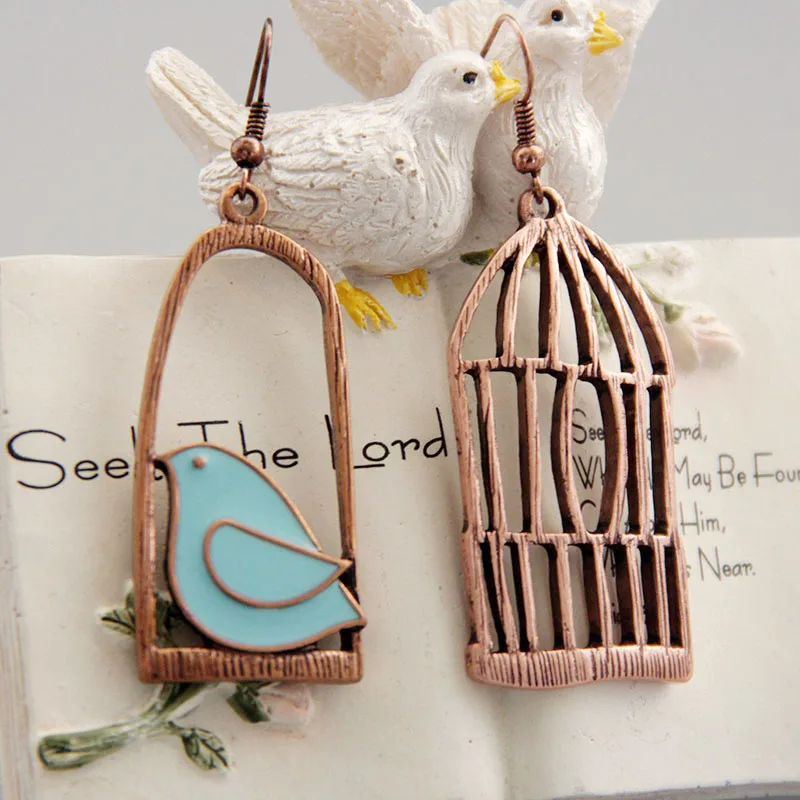 Fashion Bird And Bird-Cage Asymmetric Drop Earrings blue Oil Bird simple For Women Alloy Bird Cage Dangle Brincos ear Earrings