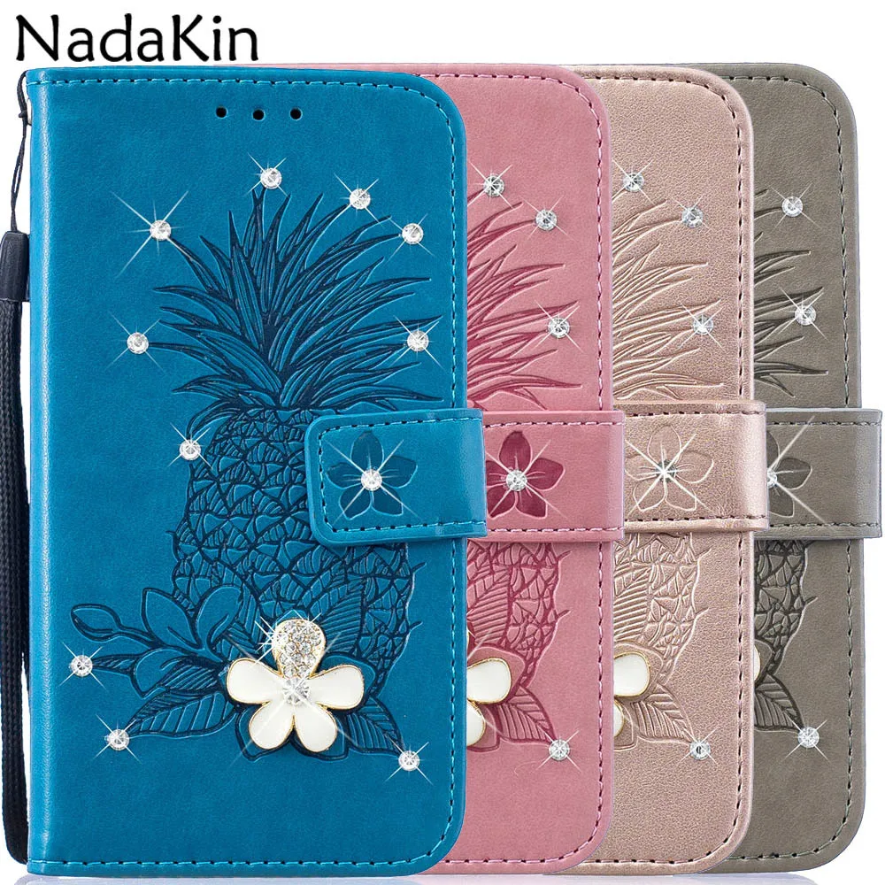 

Rhinestone Flower Diamond Pineapple Embossed Book Case for Sony Xperia XA1 XA2 Ultra L2 XZ1 Luxury Leather Flip Shell Purse