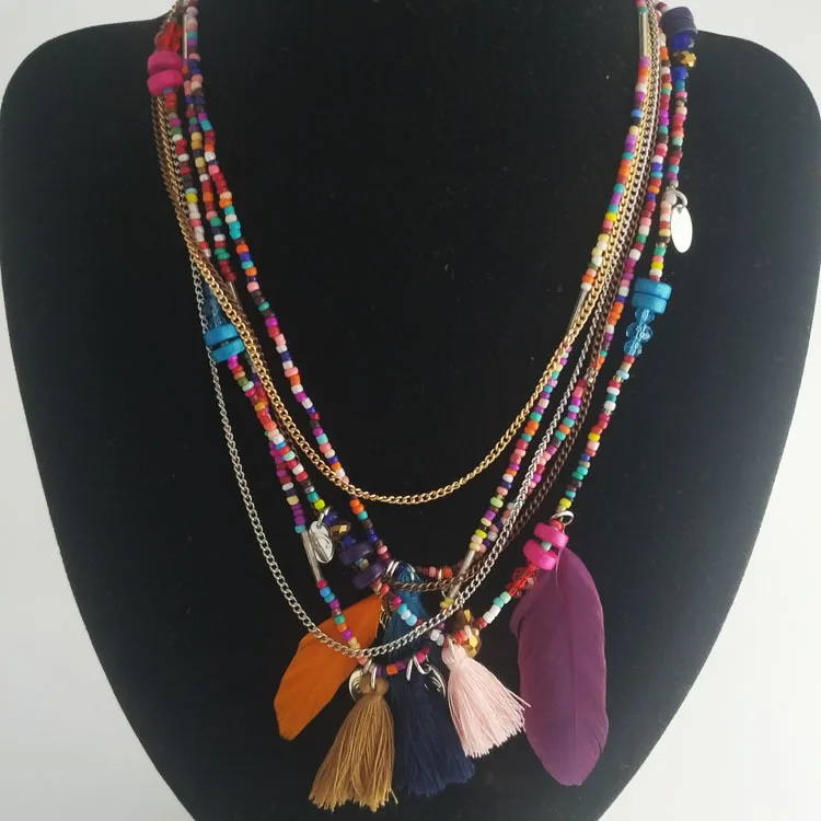 

2019 ladies jewelry multi-layer chain handmade beaded bohemian feather necklace