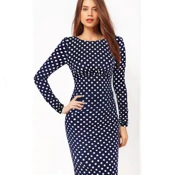 

Retro Long Sleeve Dress Three Season Dresses Womens Elegant New Color Block Dot To Work Business Pencil Sheath Bodycon Dress BC