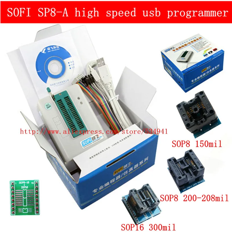 

SOFI SP8-A high speed usb programmer+4pcs adapter (93/24/25/BR90/ flash eeprom), over 4000 chips have also SP8-A SP8-F SP16-B