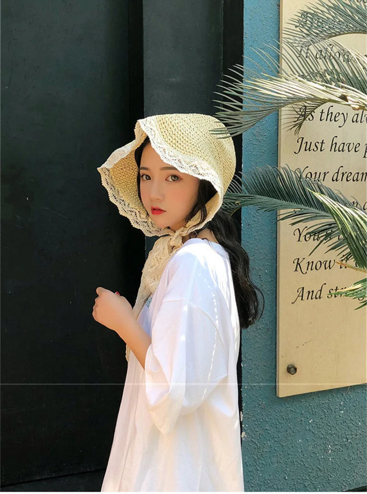 2018 Hot Sale French Mori Girl Style Lace Sunshade Straw Hat Summer Take a Holiday Windproof Beach Hat ACA31 (1)