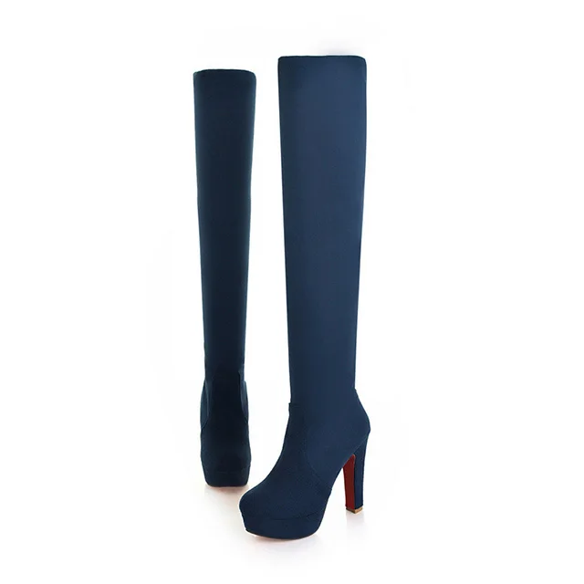 Сапоги выше колена на высоком каблуке женские сапоги на платформе, большие размеры 42, 43 зимние высокие сапоги теплая женская обувь из замши и плюша - Цвет: Синий