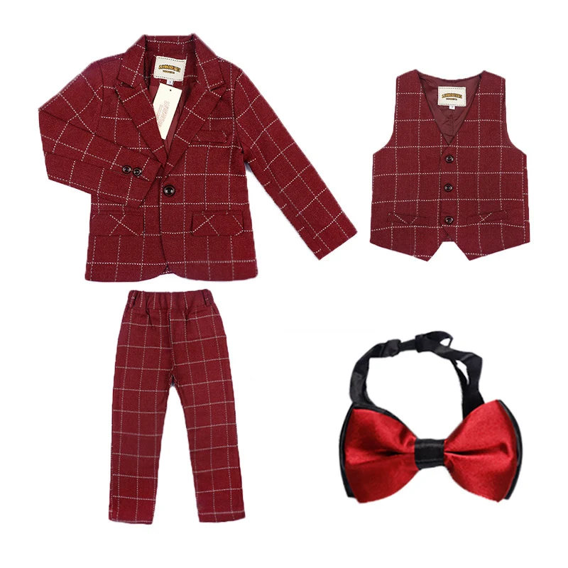 pladi red 3pcs Деловой костюм высокого качества для мальчиков однобортный костюм для мальчиков на свадьбу блейзер для мальчиков 3 предмета: пиджак+ штаны+ жилет - Цвет: pladi red 3pcs