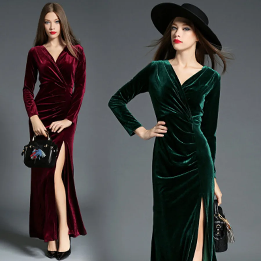 

2018 Runway Dress Winter Evening Party Dresses Red Velvet Dress Women Long Sleeve VintageLong Maxi Dresses Vestido Longo Robe