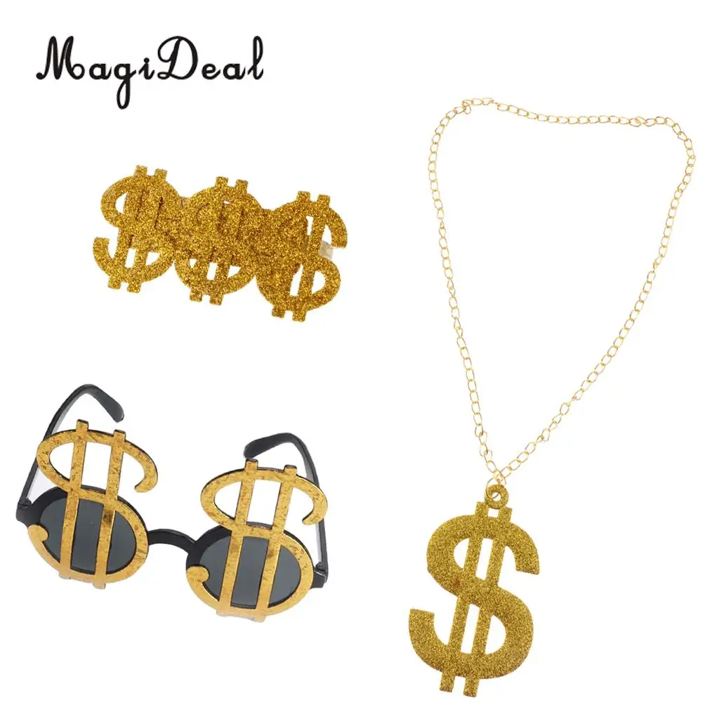 MagiDeal Set of 3pcs Glitter USD Dollar Signs Eye Glasses Ring Necklace 70s 80s Rapper Big Daddy Costume Dress up Jewelry Props