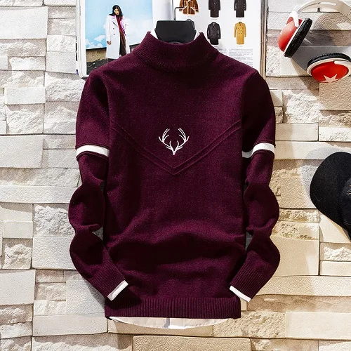 Keep Warm Pullover Men New Hip Hop Sweater With Deer Printed Mens Christmas Sweaters Turtleneck Slim Fit pull homme - Цвет: Бургундия